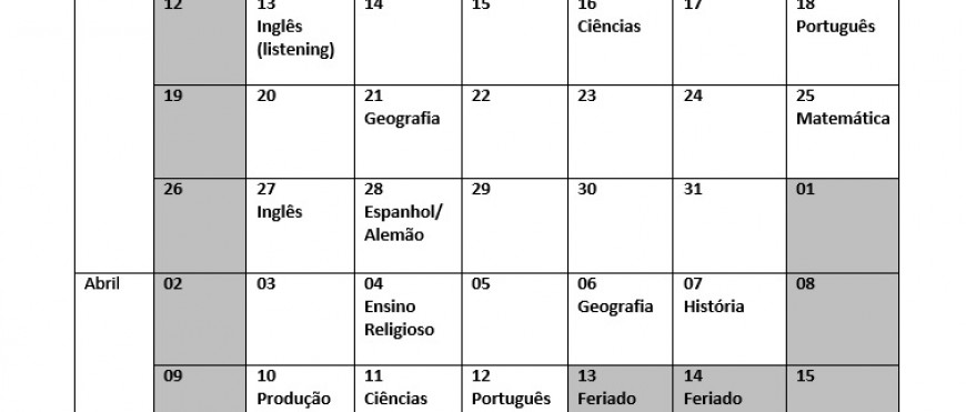 Calendário de provas 6º ano atualizado